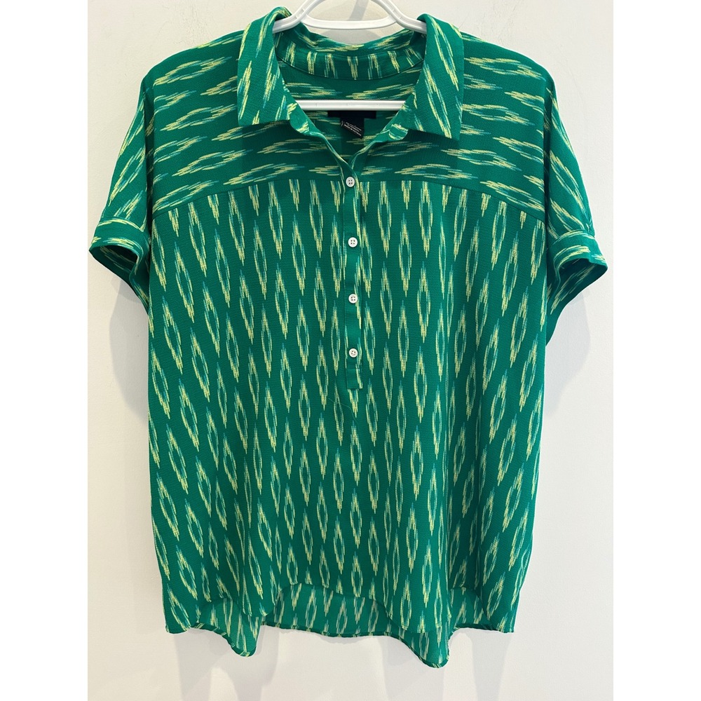 Investments Womens XL Green Ikat Print Short Sleeve Button Up Blouse Top
